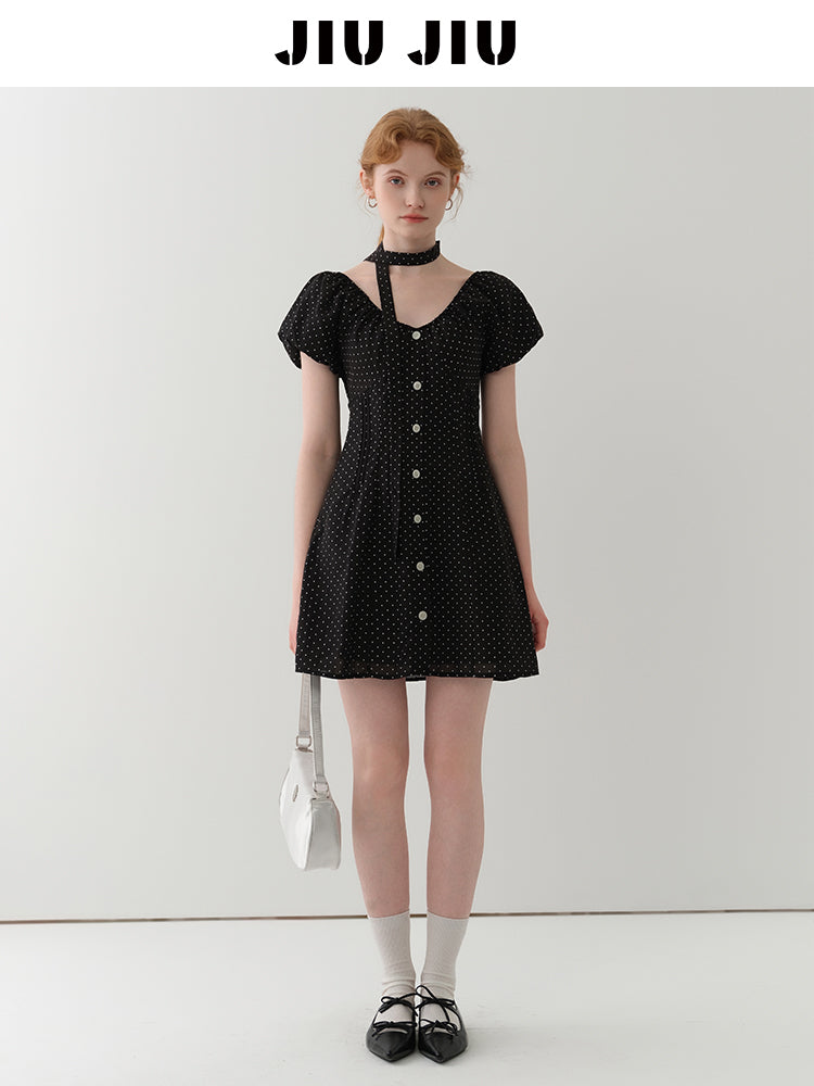 Two-Way Bubble Sleeve Polka Dot Dress