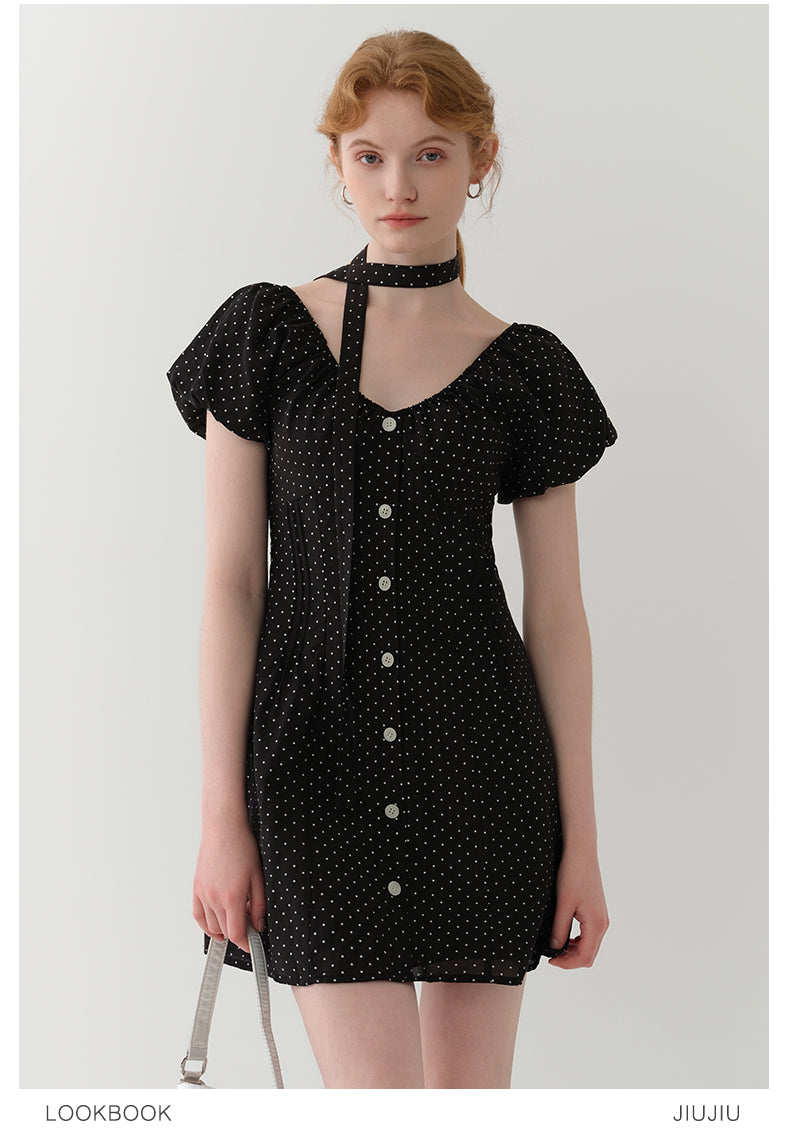 Two-Way Bubble Sleeve Polka Dot Dress