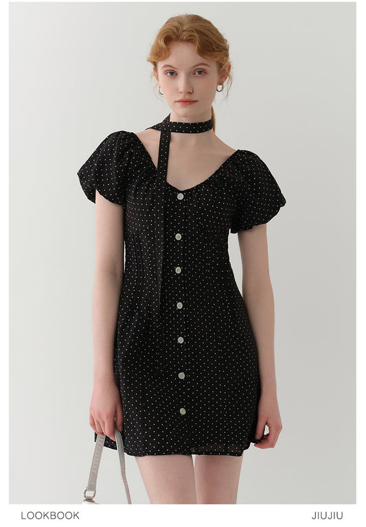 Two-Way Bubble Sleeve Polka Dot Dress