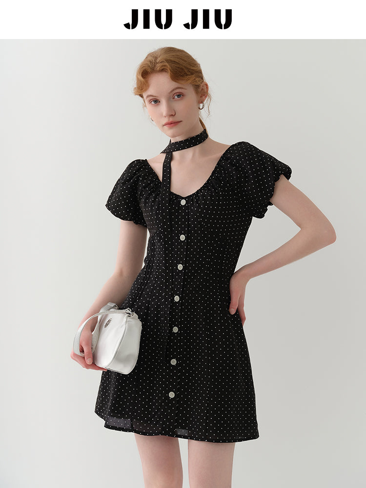 Two-Way Bubble Sleeve Polka Dot Dress
