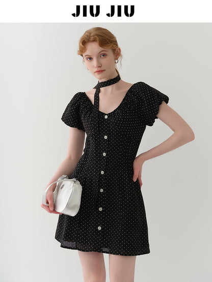 Two-Way Bubble Sleeve Polka Dot Dress
