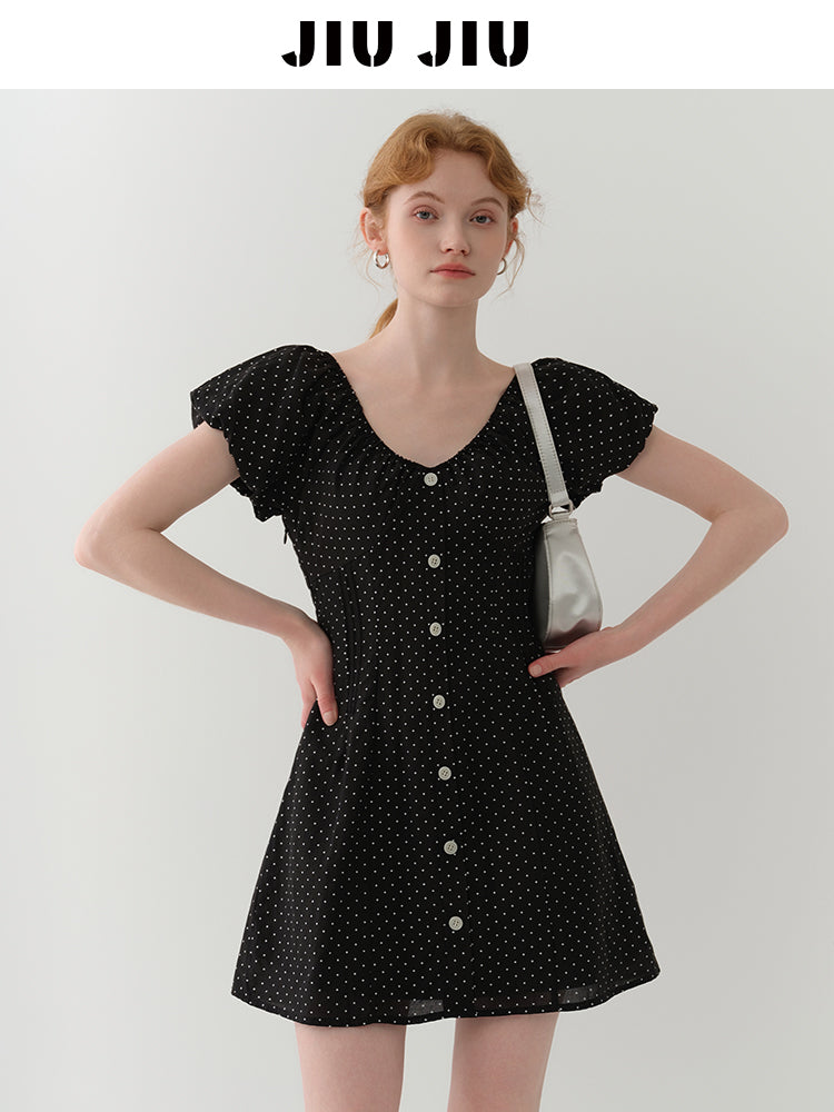 Two-Way Bubble Sleeve Polka Dot Dress