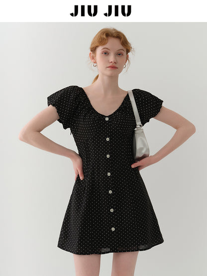 Two-Way Bubble Sleeve Polka Dot Dress