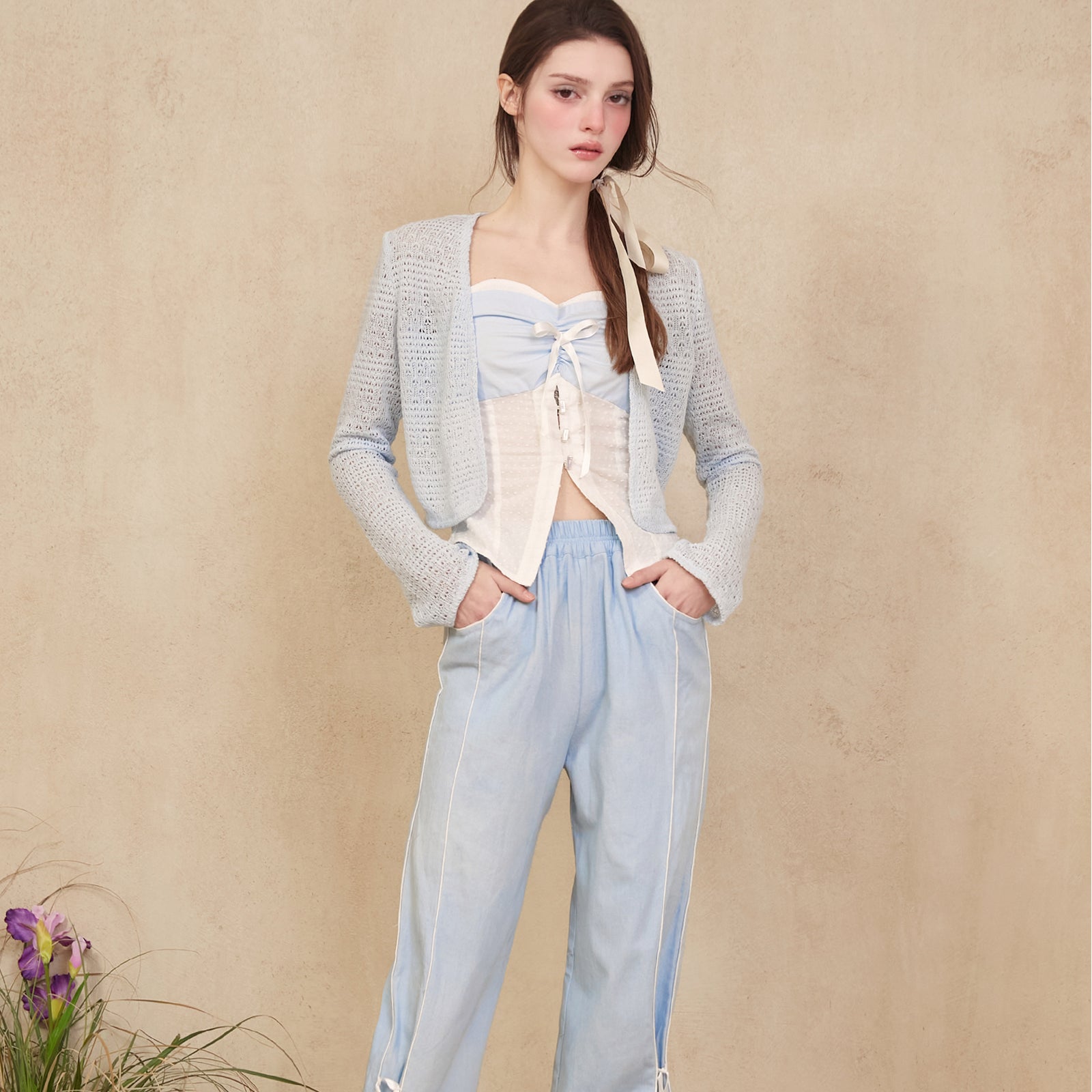 Lace Knit Cropped Cardigan With Open Front