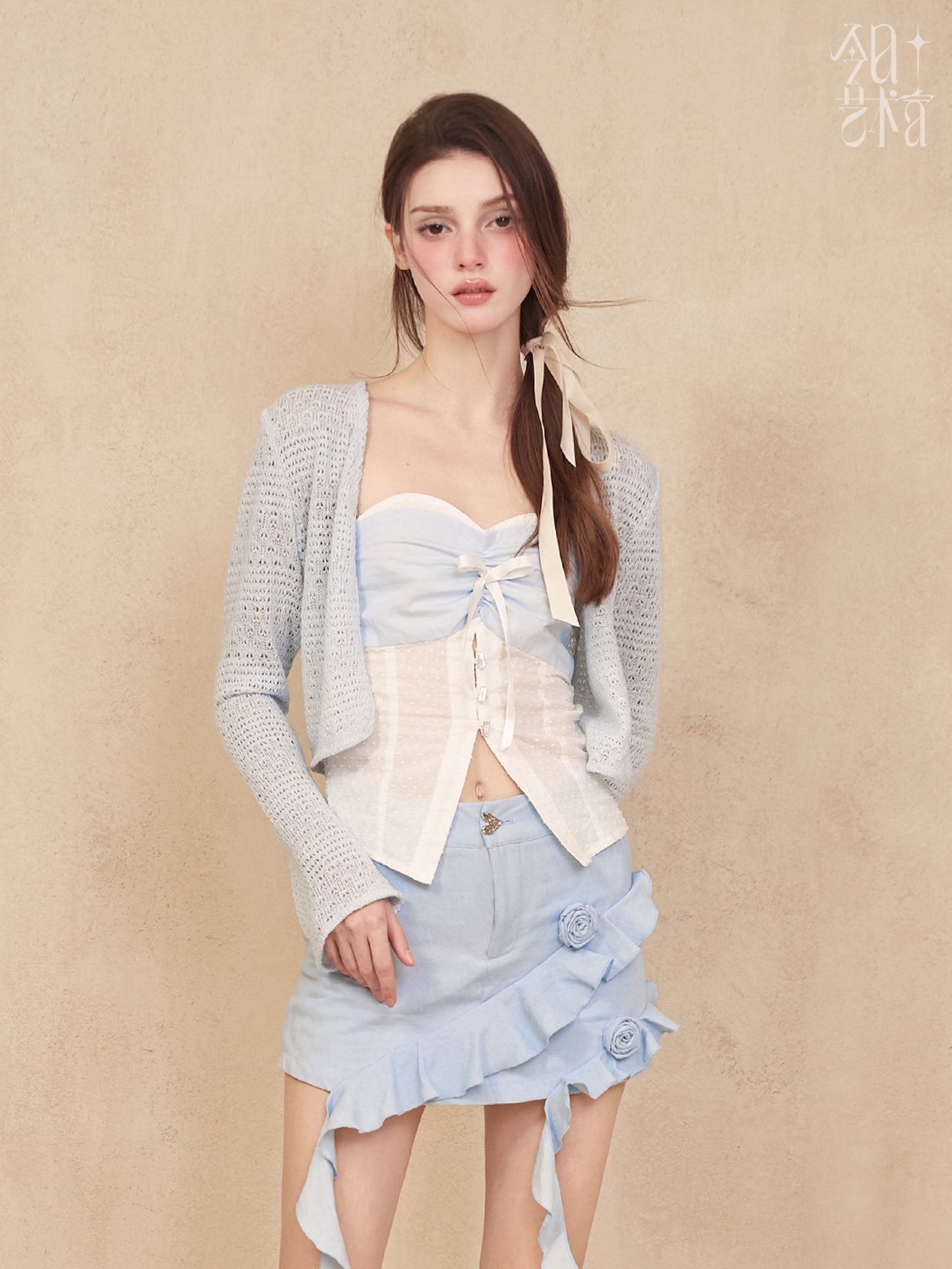 Lace Knit Cropped Cardigan With Open Front