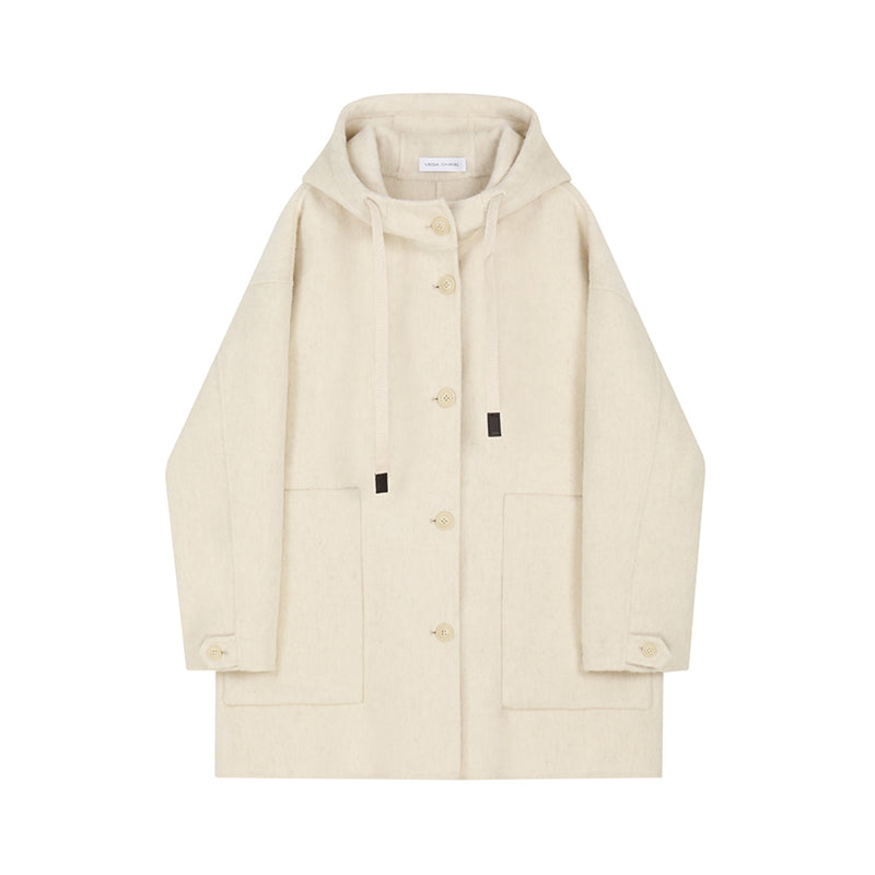 Double-Faced 100% Wool Hooded Short Coat