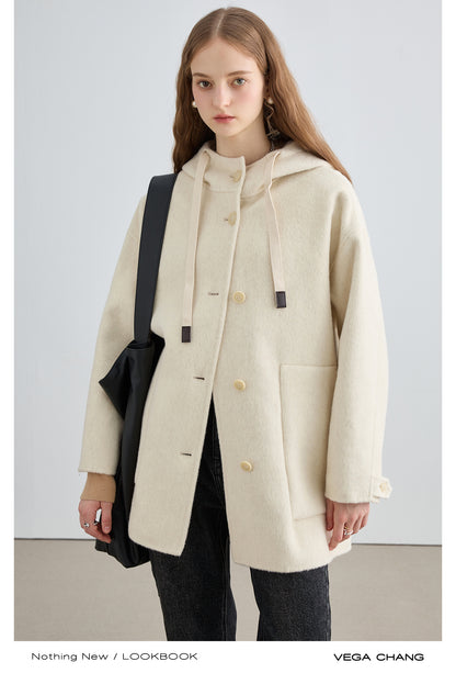 Double-Faced 100% Wool Hooded Short Coat