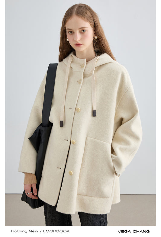 Double-Faced 100% Wool Hooded Short Coat