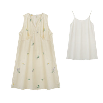 Floral V-Neck Sleeveless Dress Set With Slip