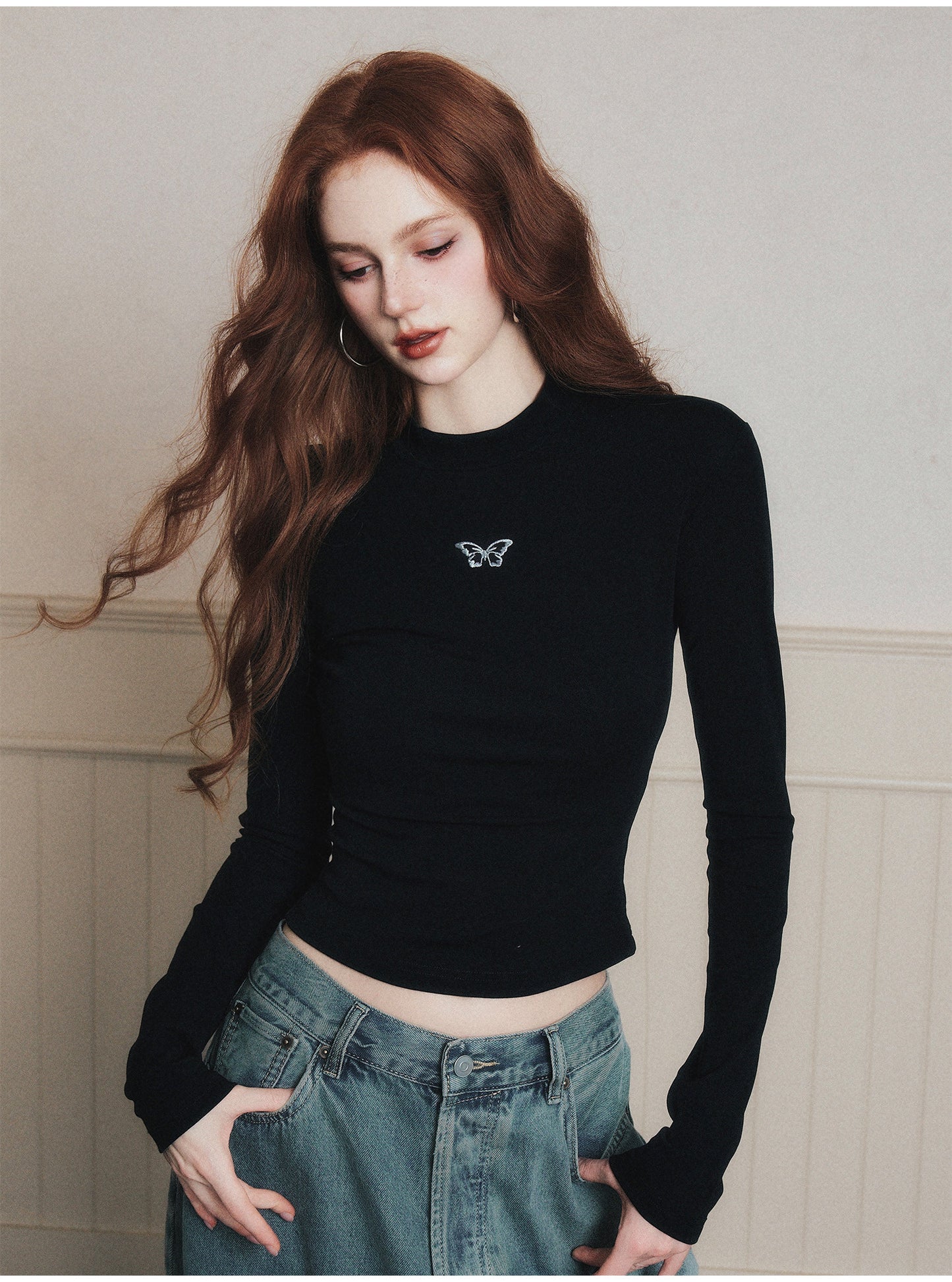 Butterfly Embroidered Mock Neck T-Shirt