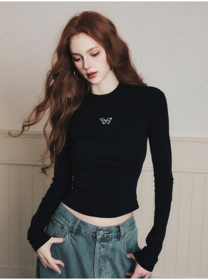 Butterfly Embroidered Mock Neck T-Shirt
