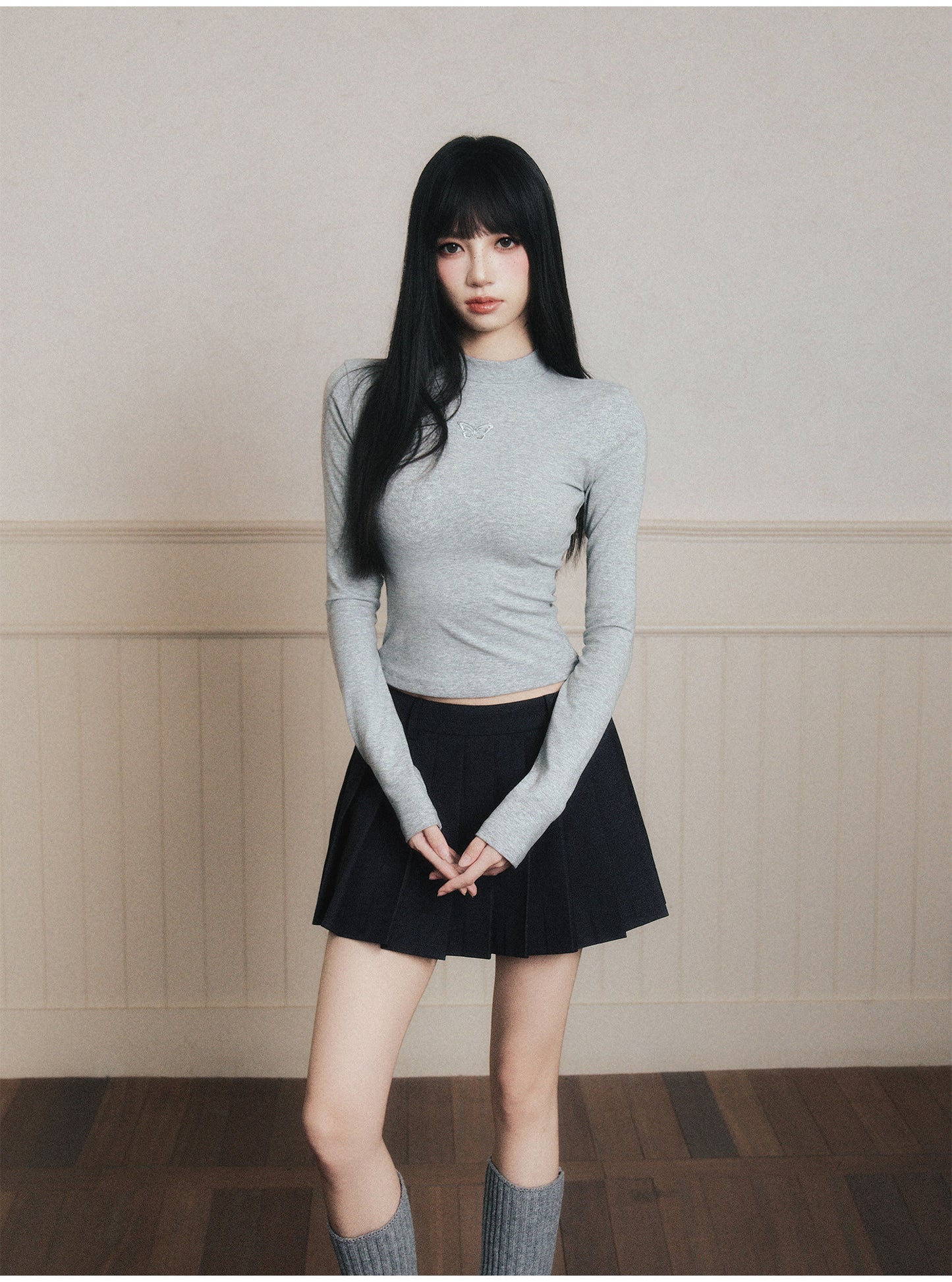 Butterfly Embroidered Mock Neck T-Shirt