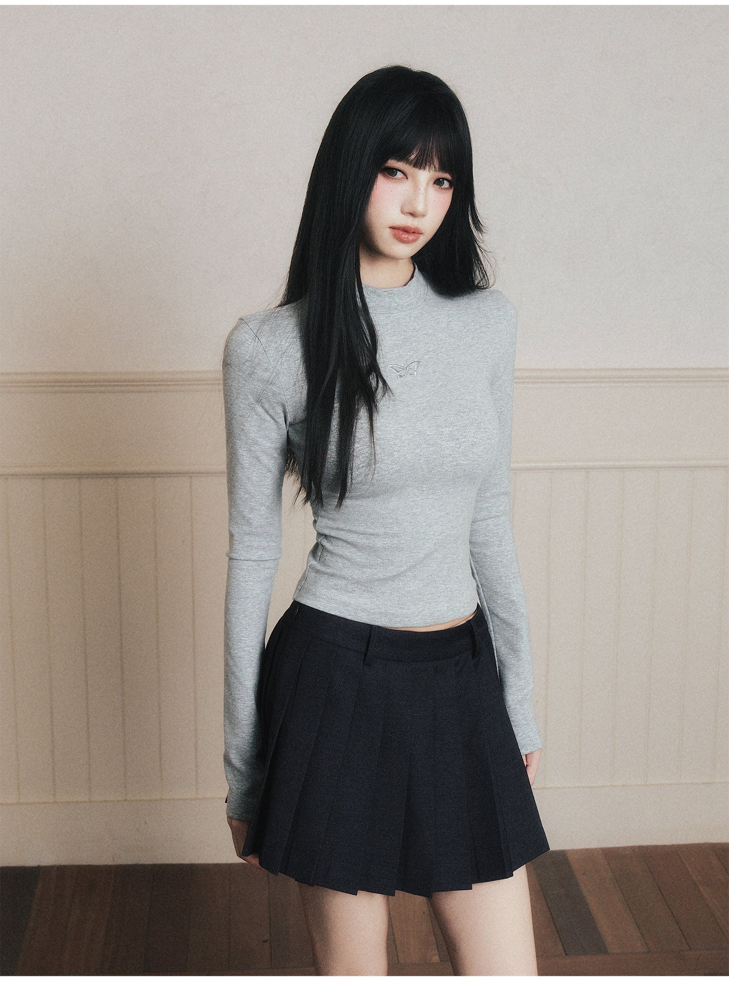 Butterfly Embroidered Mock Neck T-Shirt