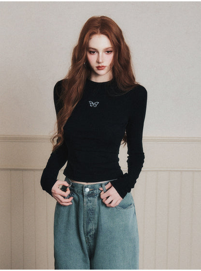 Butterfly Embroidered Mock Neck T-Shirt