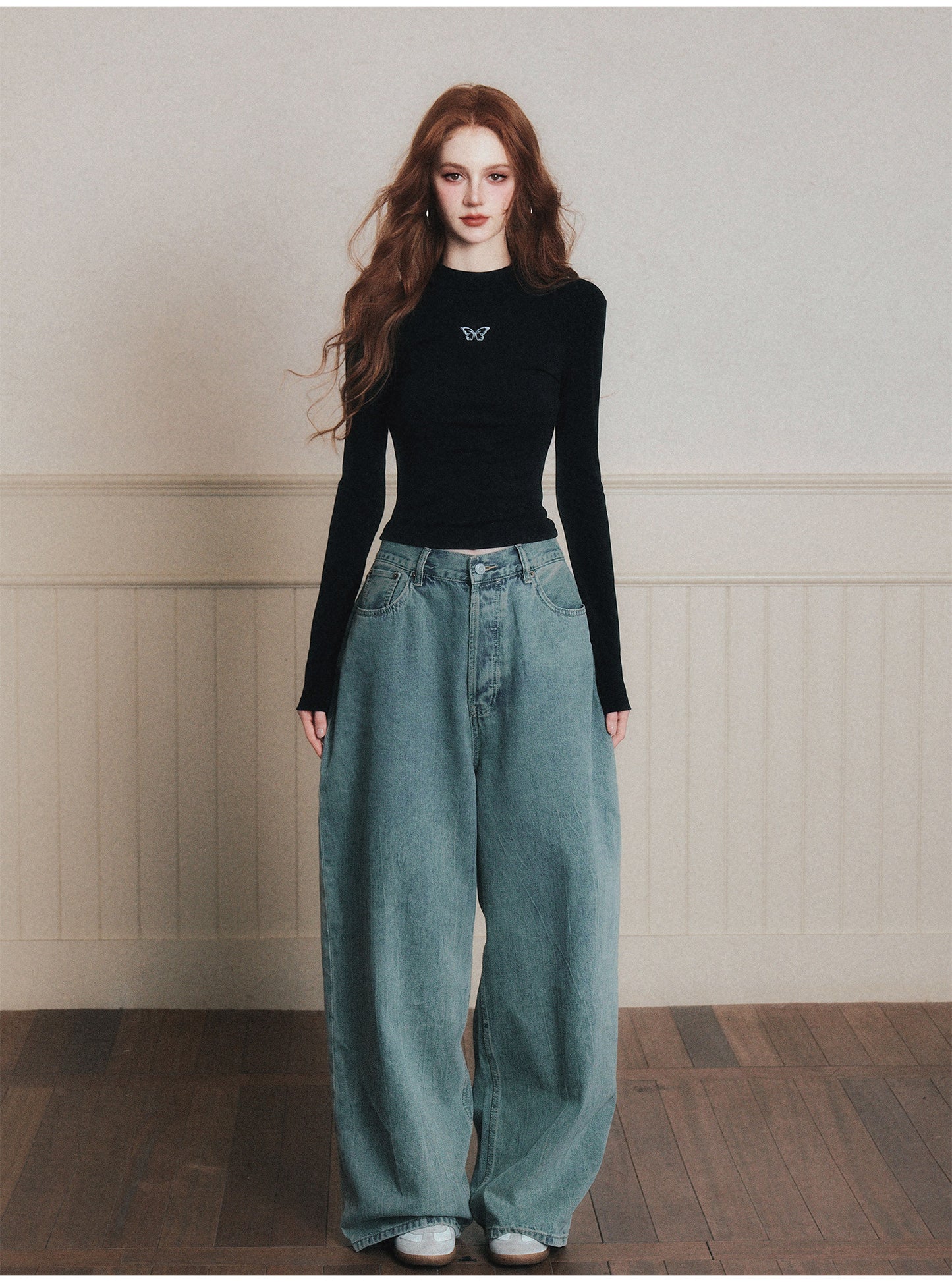 Butterfly Embroidered Mock Neck T-Shirt