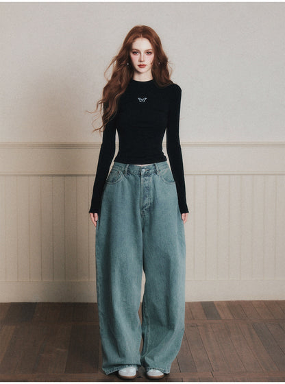 Butterfly Embroidered Mock Neck T-Shirt