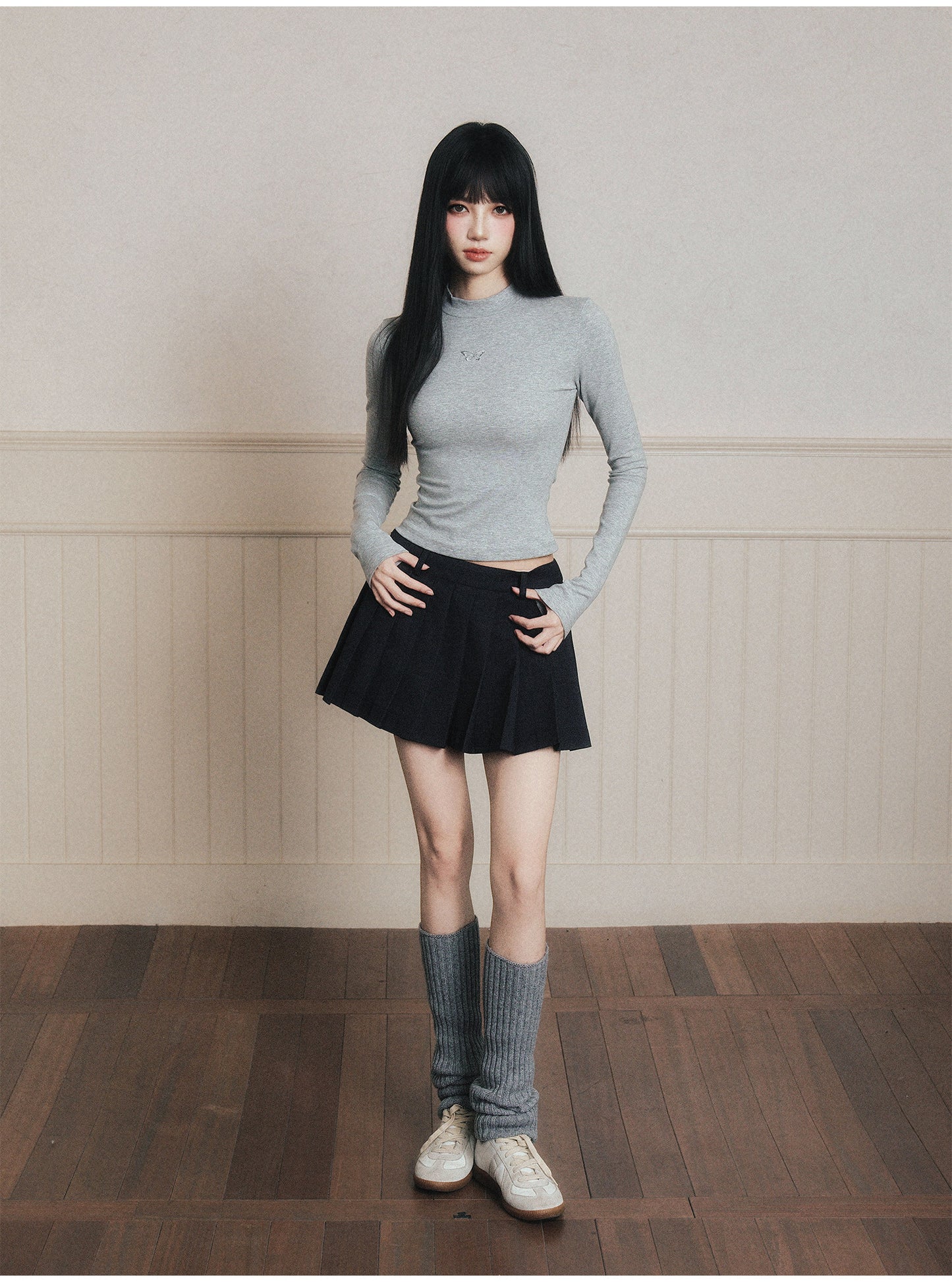 Butterfly Embroidered Mock Neck T-Shirt