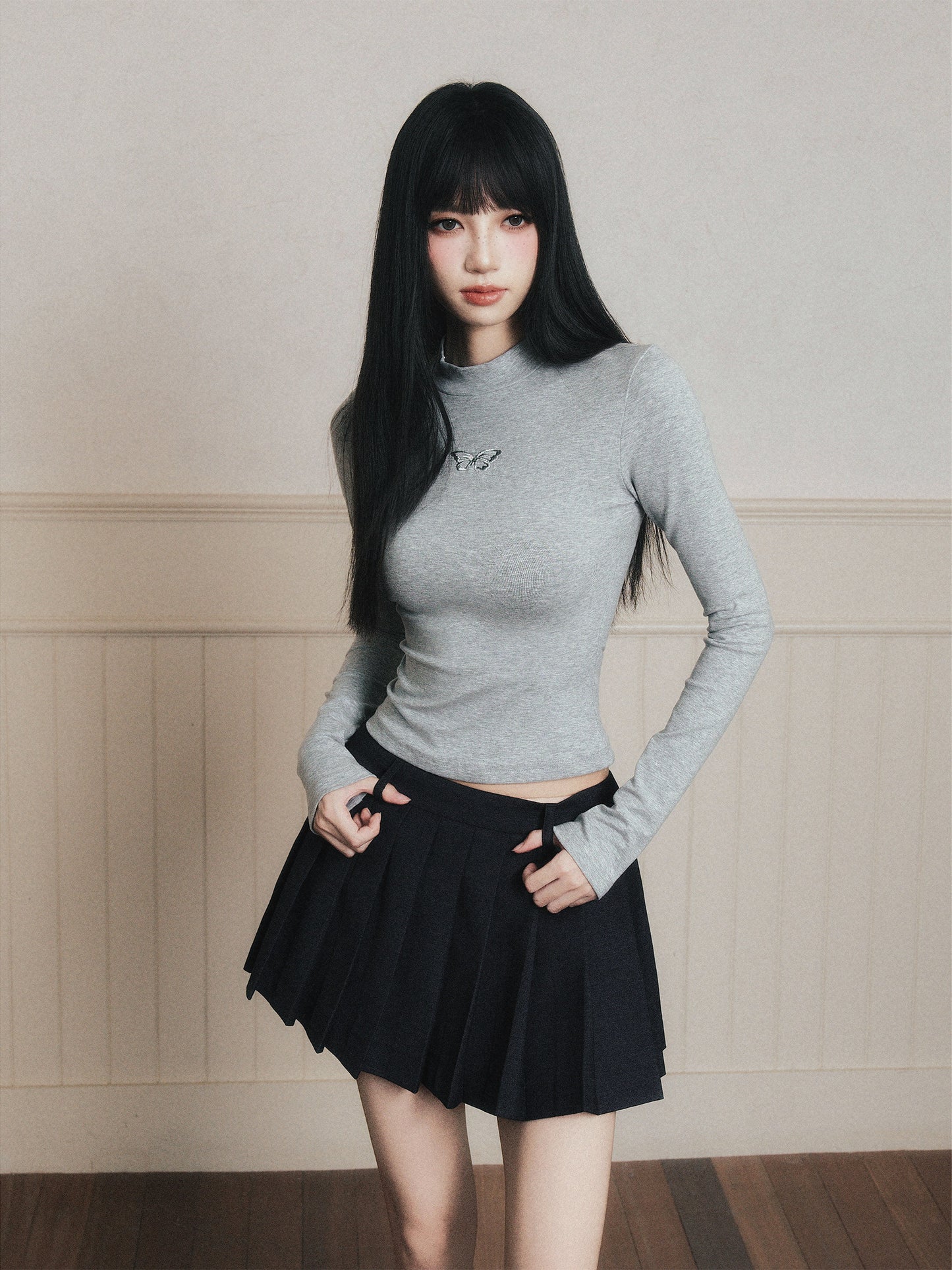 Butterfly Embroidered Mock Neck T-Shirt