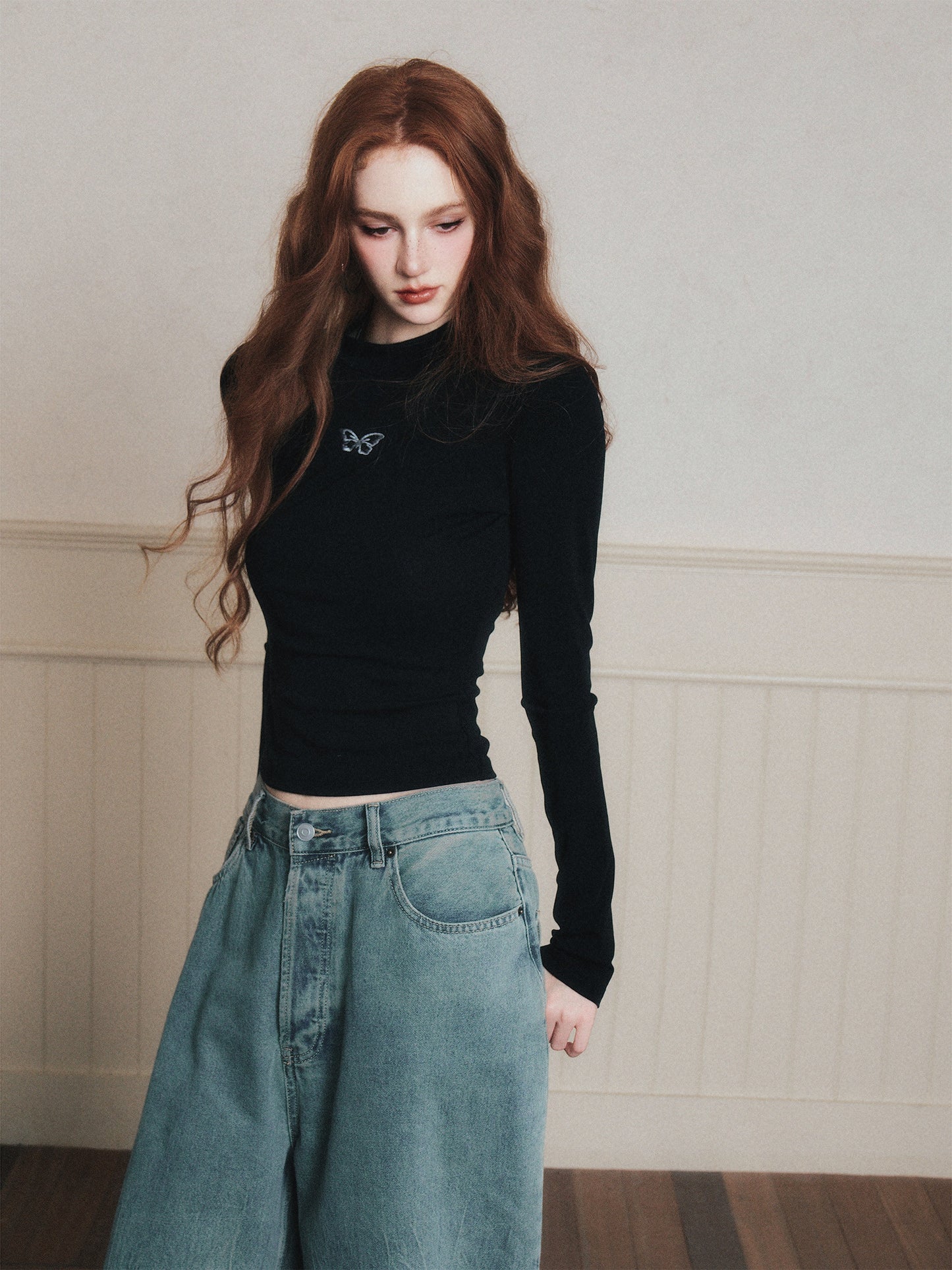 Butterfly Embroidered Mock Neck T-Shirt