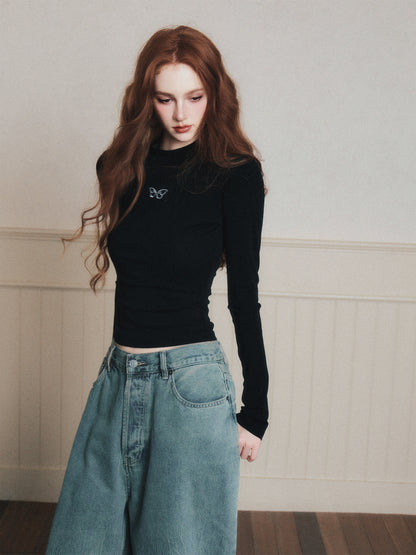 Butterfly Embroidered Mock Neck T-Shirt