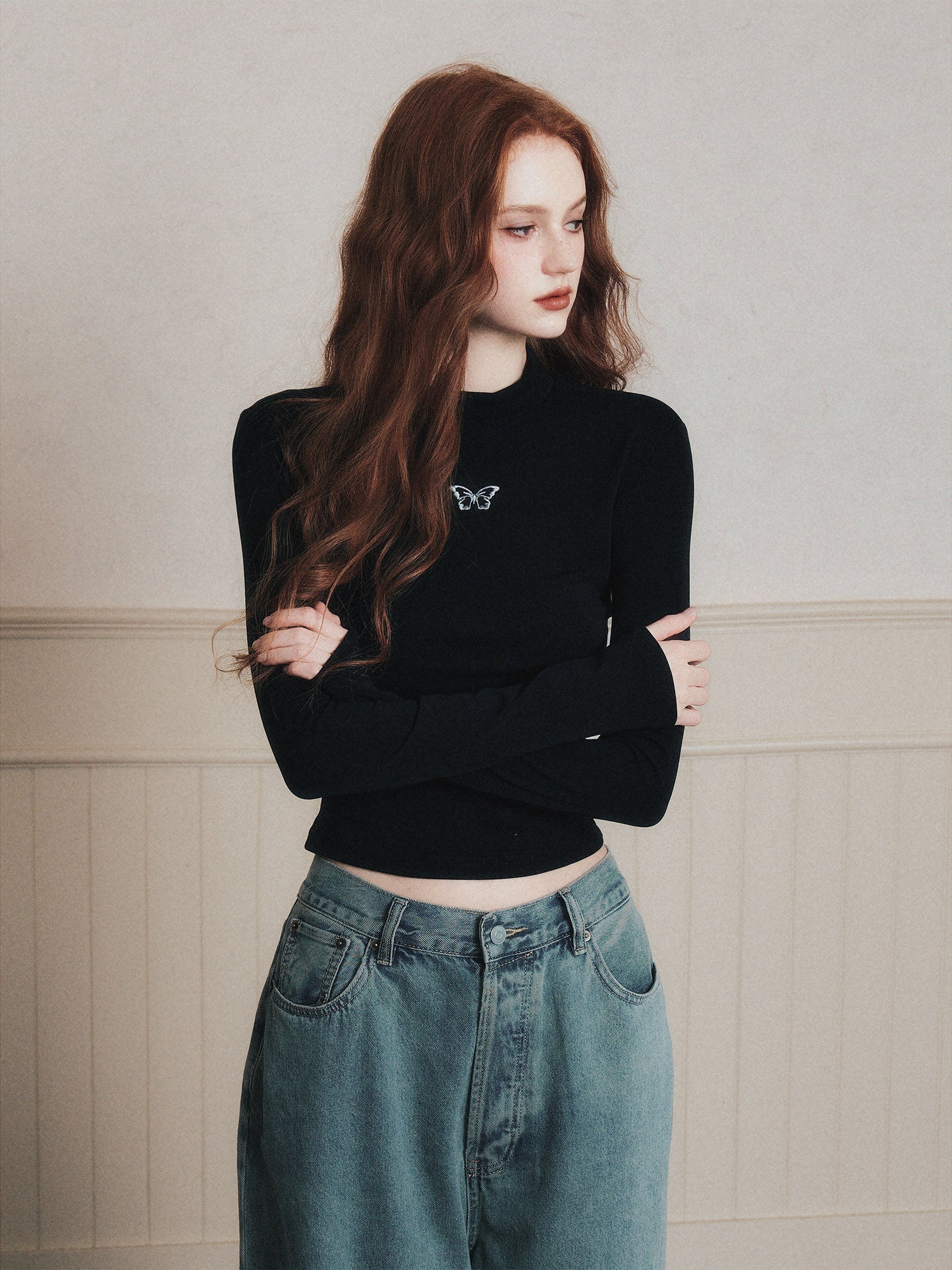 Butterfly Embroidered Mock Neck T-Shirt