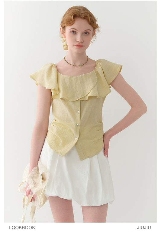Flutter Collar Two-Way Ruched Blouse