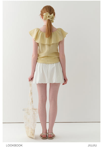 Flutter Collar Two-Way Ruched Blouse