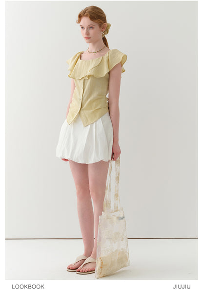 Flutter Collar Two-Way Ruched Blouse