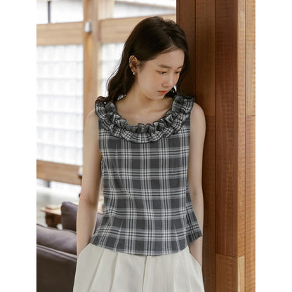 Plaid Sleeveless Top With Ruffle Neck