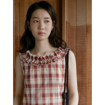 Plaid Sleeveless Top With Ruffle Neck
