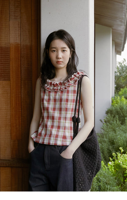 Plaid Sleeveless Top With Ruffle Neck