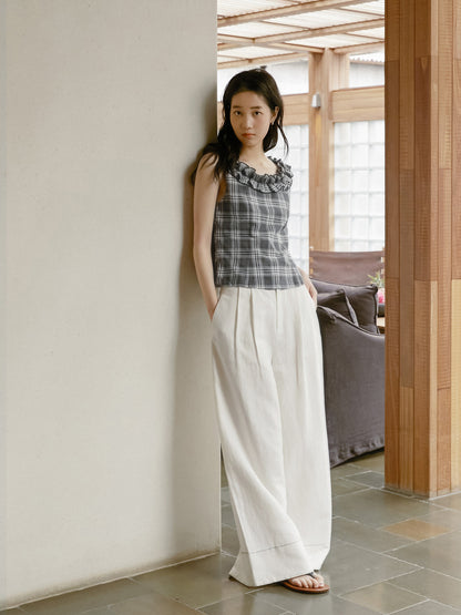 Plaid Sleeveless Top With Ruffle Neck