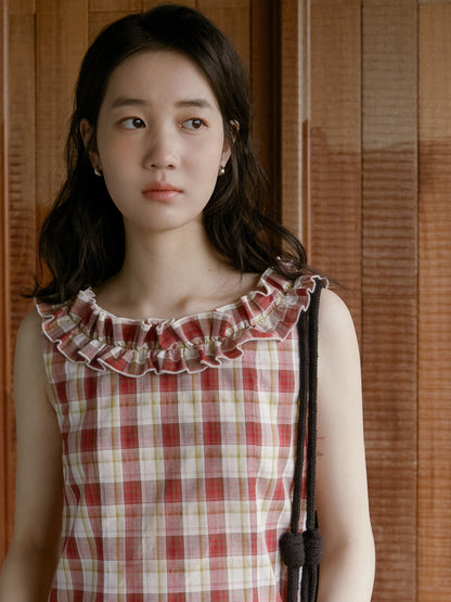 Plaid Sleeveless Top With Ruffle Neck