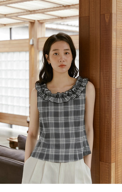 Plaid Sleeveless Top With Ruffle Neck