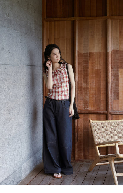 Plaid Sleeveless Top With Ruffle Neck
