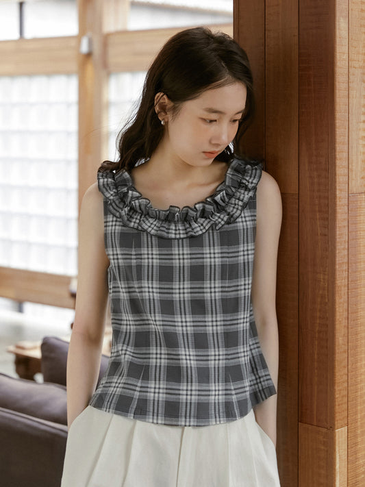 Plaid Sleeveless Top With Ruffle Neck