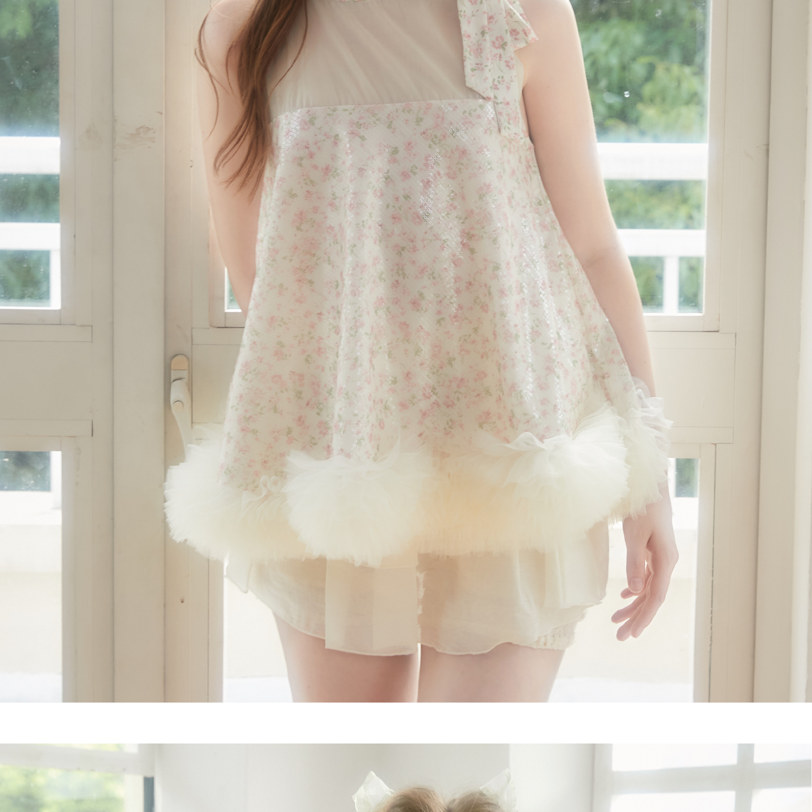 Sequin Floral Babydoll Top With Ruffled Hem