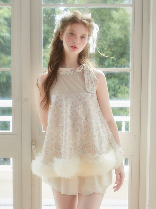 Sequin Floral Babydoll Top With Ruffled Hem