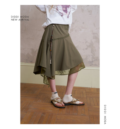 Asymmetric Lace-Layered Midi Skirt
