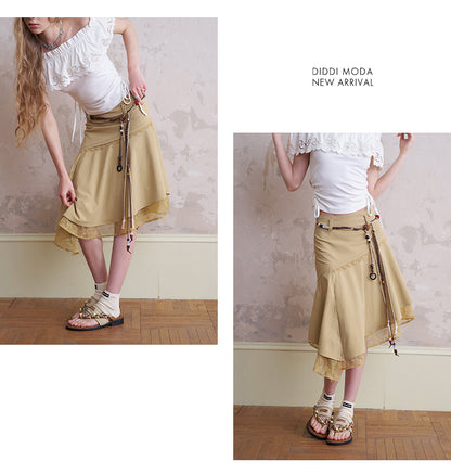Asymmetric Lace-Layered Midi Skirt
