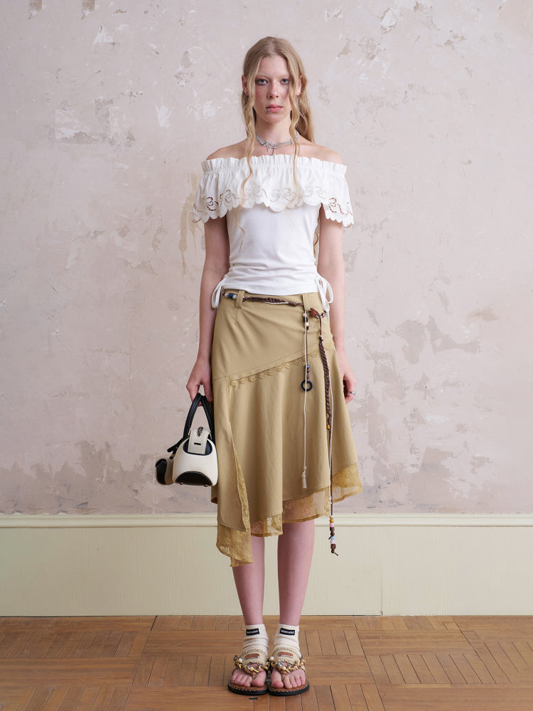 Asymmetric Lace-Layered Midi Skirt