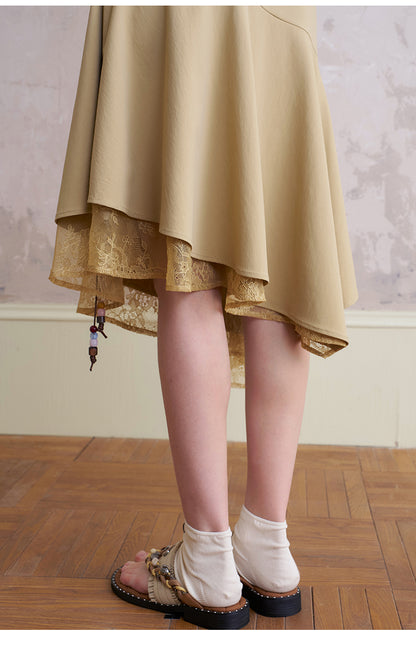 Asymmetric Lace-Layered Midi Skirt