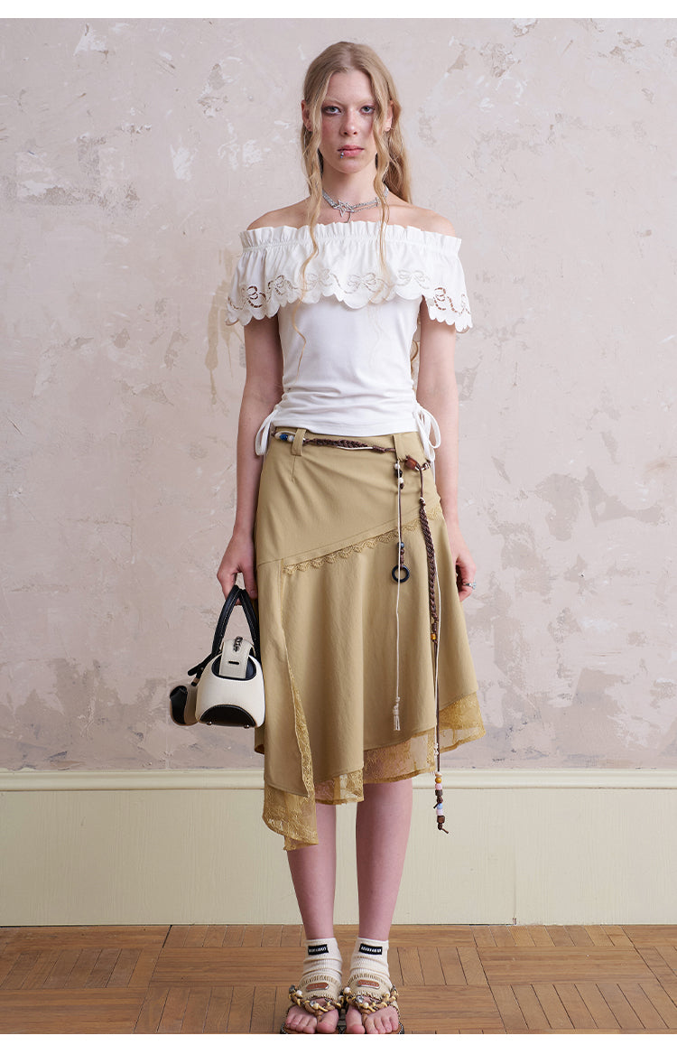 Asymmetric Lace-Layered Midi Skirt
