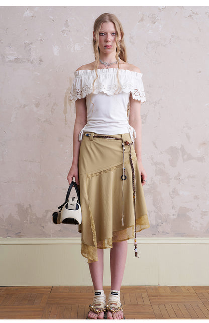 Asymmetric Lace-Layered Midi Skirt