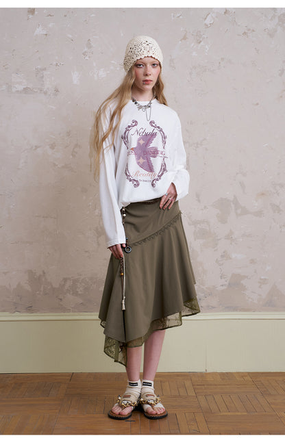 Asymmetric Lace-Layered Midi Skirt