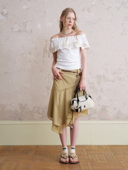 Asymmetric Lace-Layered Midi Skirt