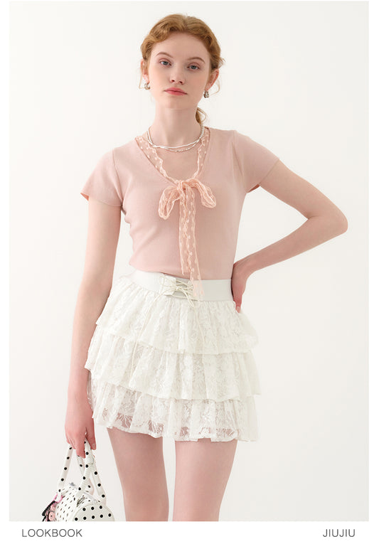Lace Ribbon-Tie Short-Sleeve Knit Top