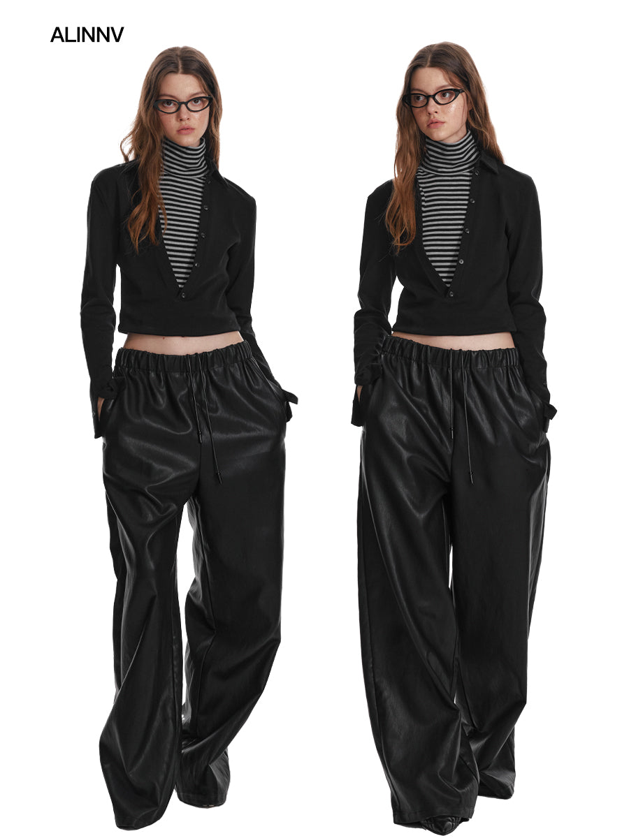 Elastic Waist Wide-Leg Faux Leather Pants