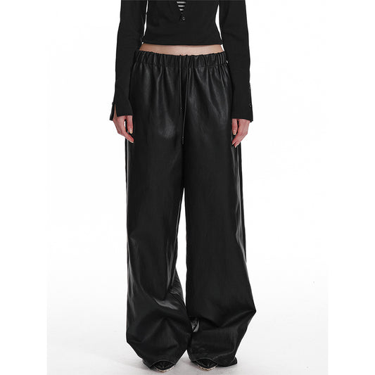 Elastic Waist Wide-Leg Faux Leather Pants
