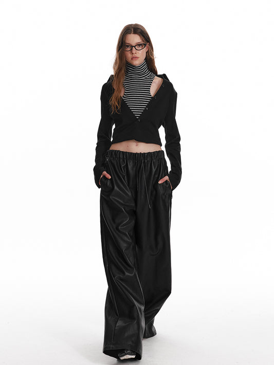 Elastic Waist Wide-Leg Faux Leather Pants